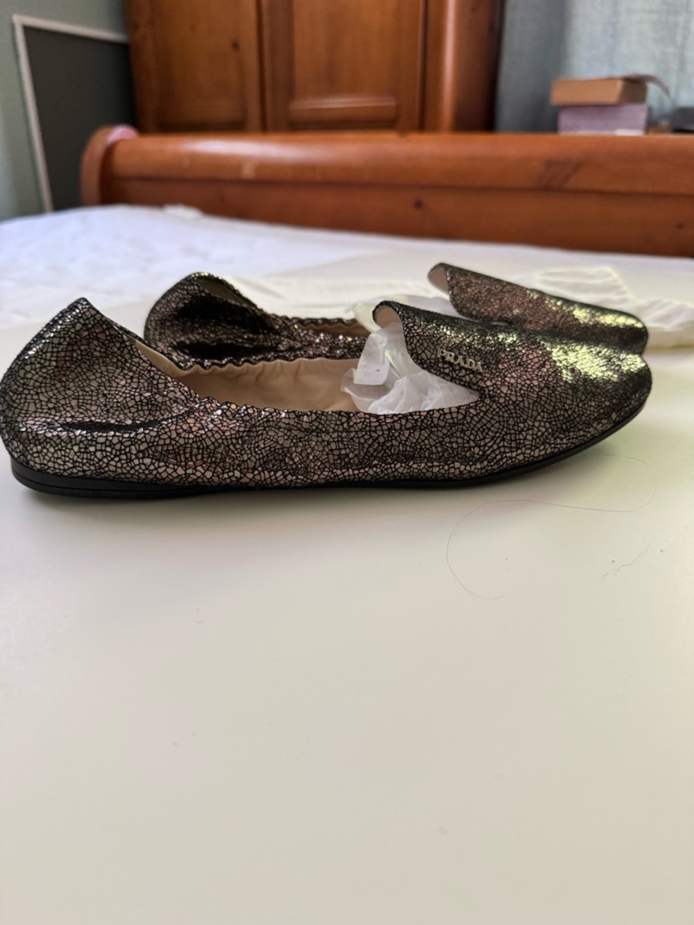 Prada Metallic Crackle Ballet Flats in Bronze